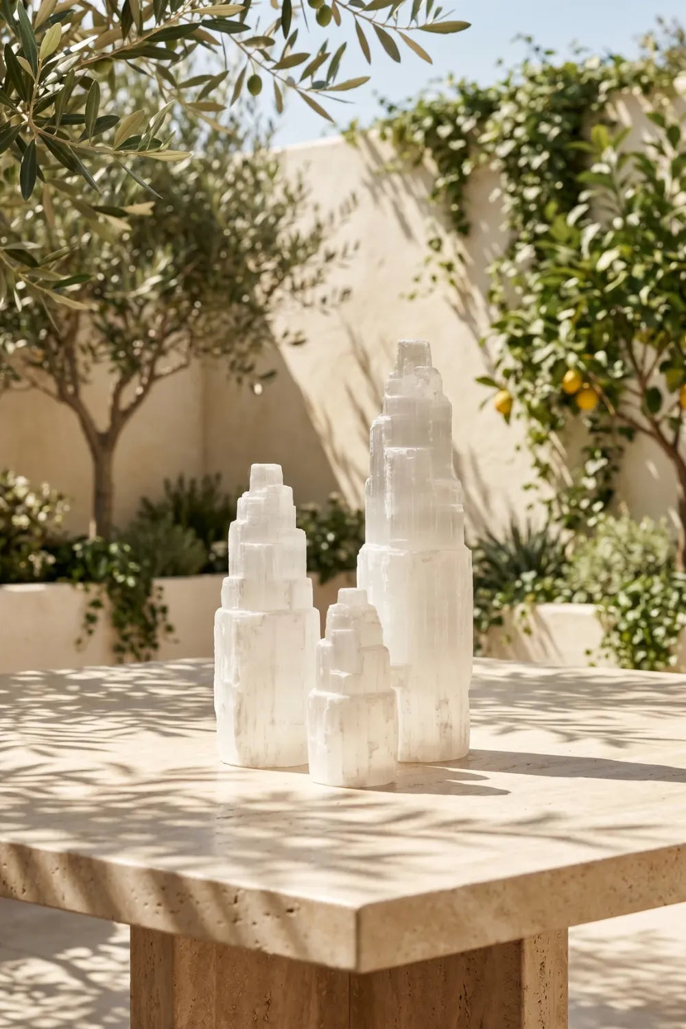Torres de selenita blancas en tres tamaños 10cm 15cm 20cm sobre mesa exterior jardín - Anna Piedra