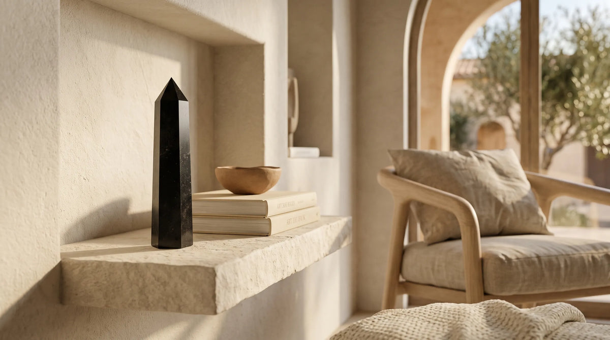 Torre de turmalina negra grande sobre una repisa de piedra junto a libros y un cuenco en un salón de estilo natural y cálido.