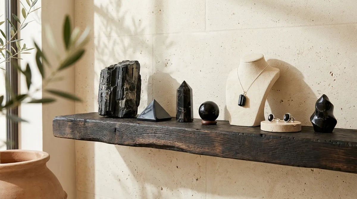 Colección de turmalina negra con piedra natural, punta, esfera, collar y anillos anna piedra