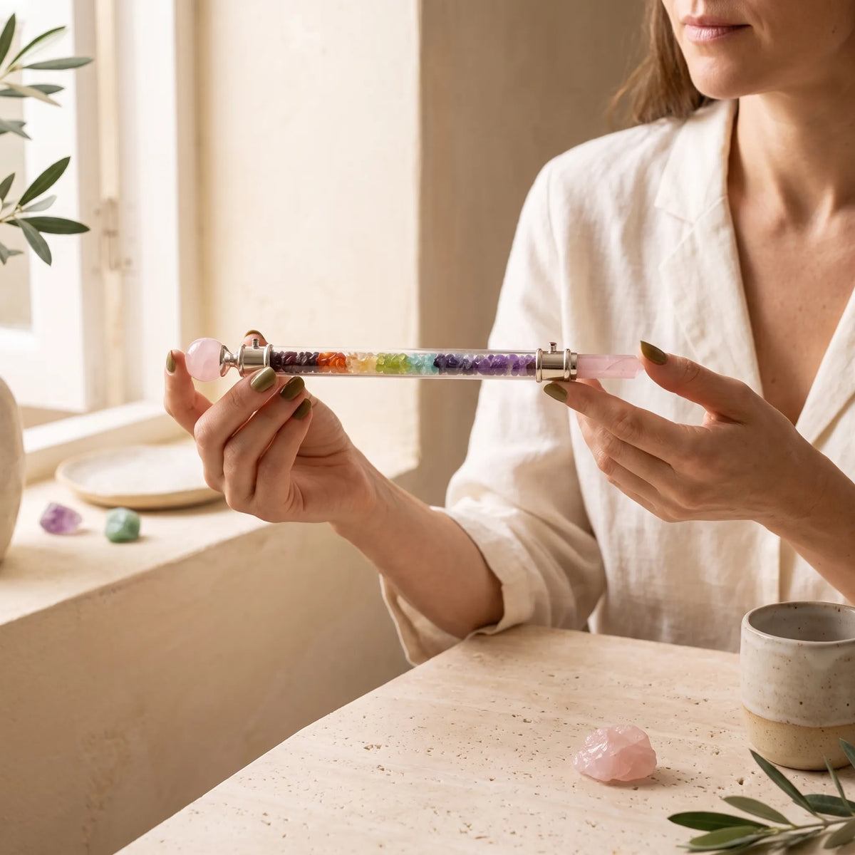Mujer sosteniendo una varita de chakras con siete piedras naturales y cuarzo rosa en ambos extremos. anna piedra 
