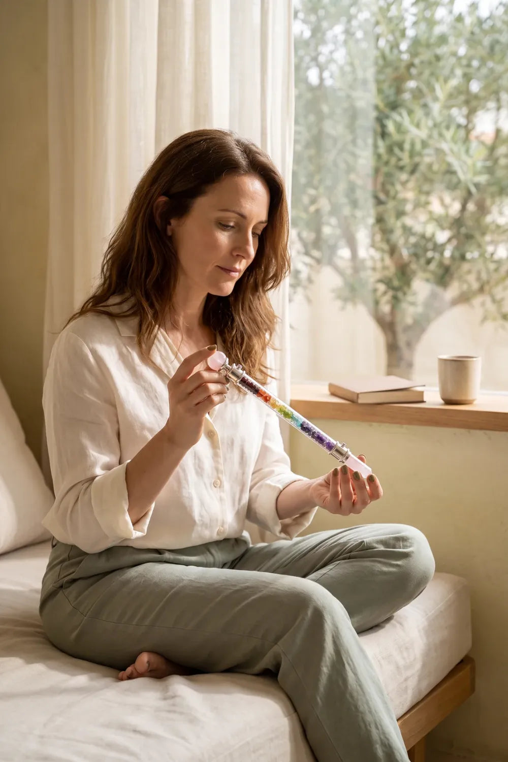 Mujer sosteniendo una varita de chakras con siete piedras naturales y cuarzo rosa en un ambiente luminoso. anna piedra