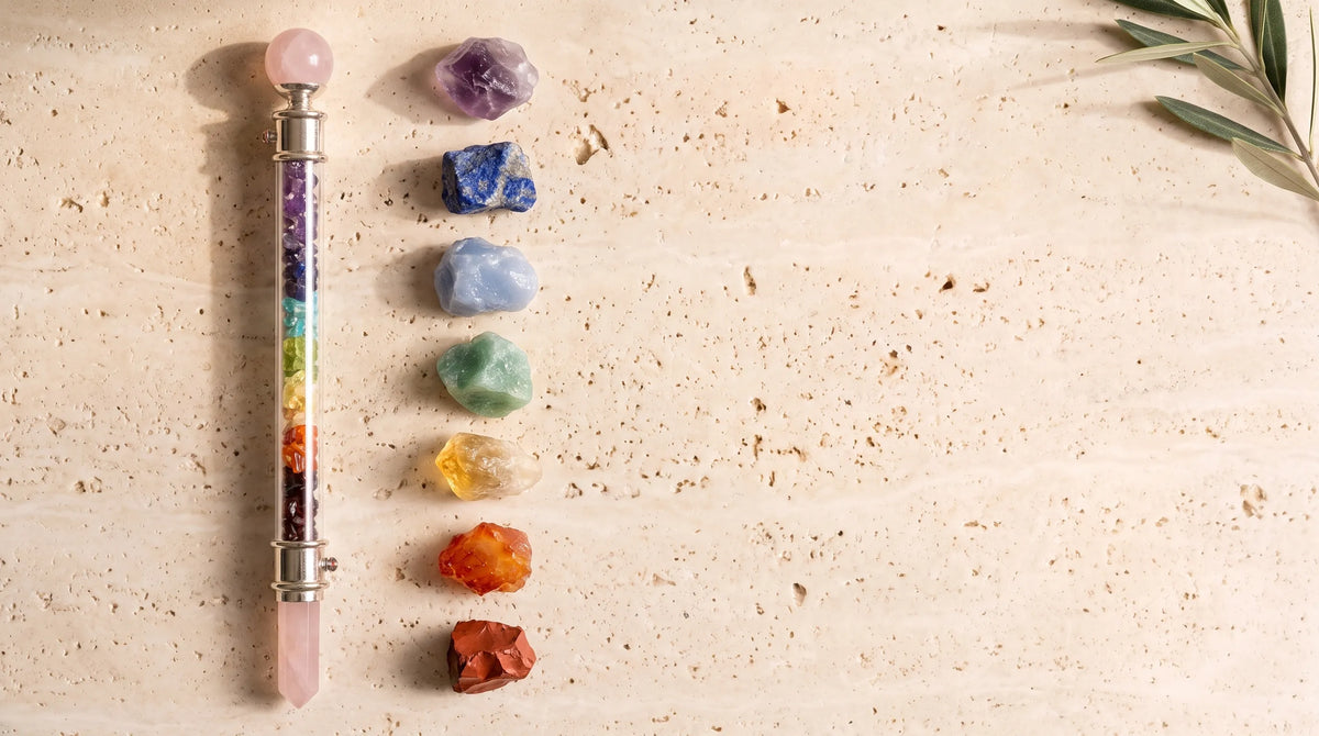 Varita de chakras con siete piedras naturales y cuarzo rosa en ambos extremos sobre una superficie de piedra clara. anna piedra